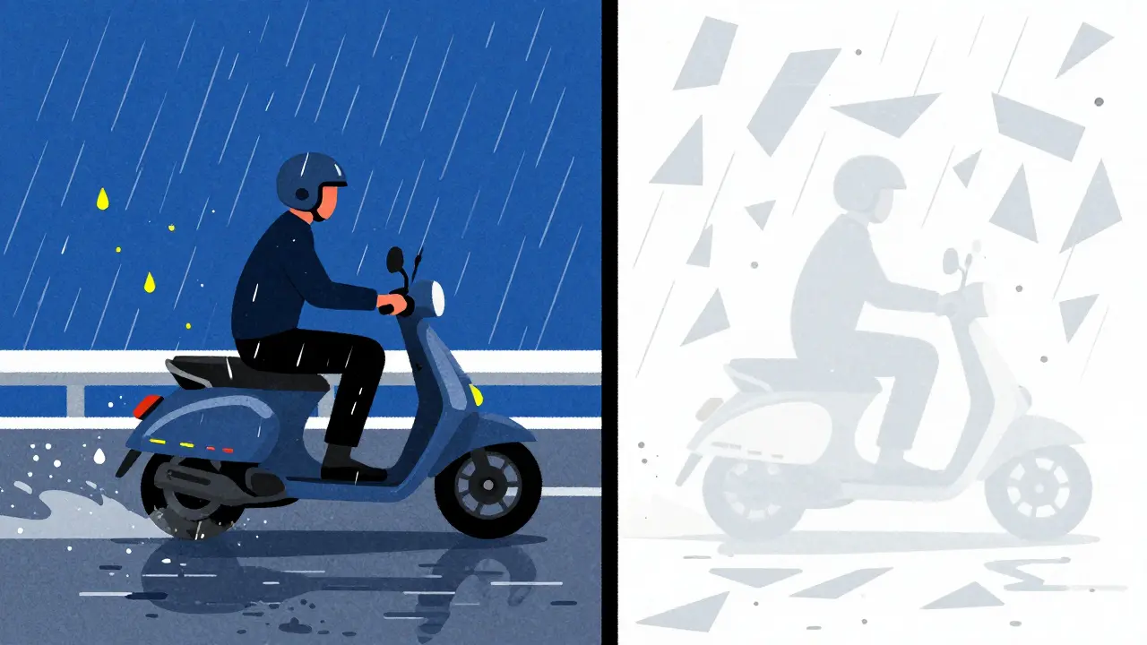 Confronto guida scooter pioggia e neve in stile De Stijl