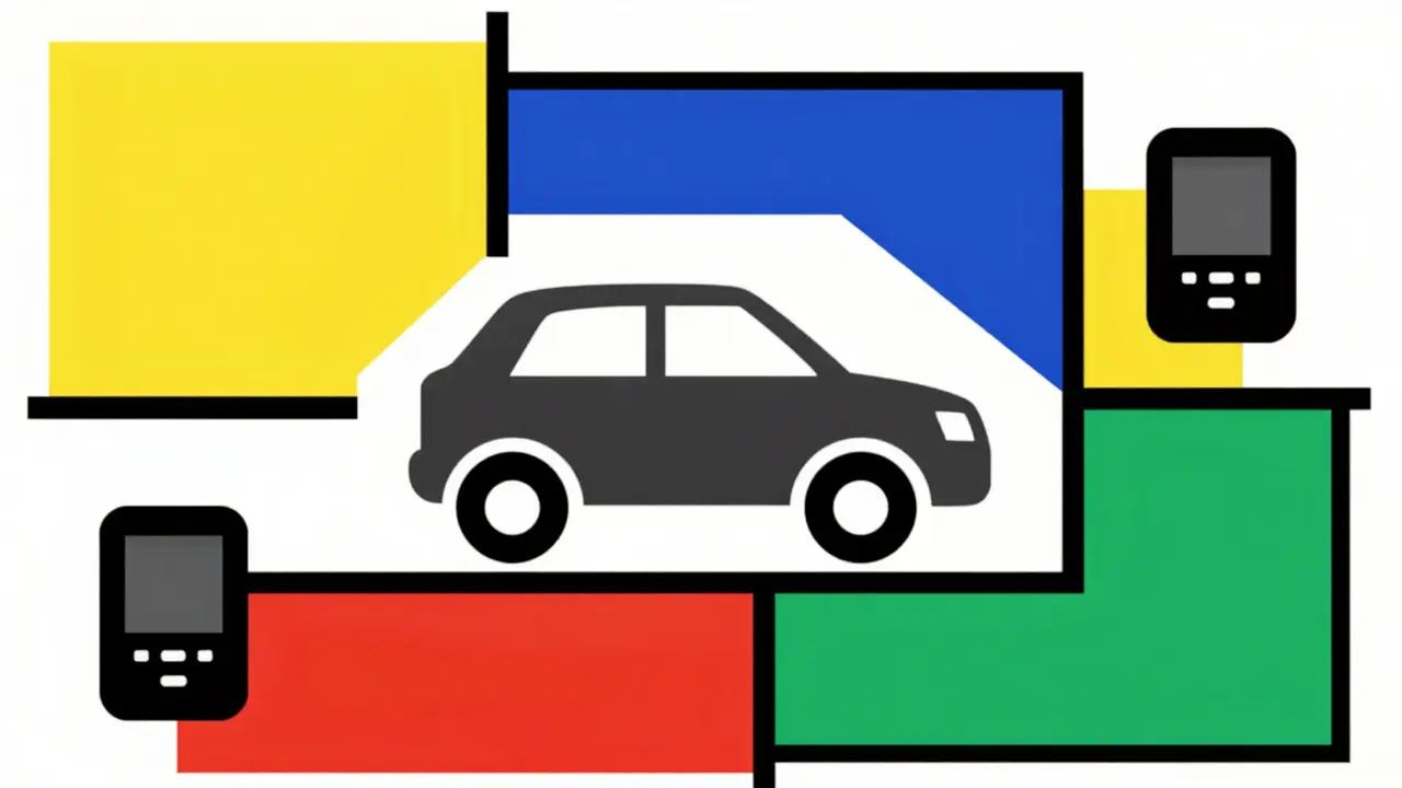 Grafica minimalista stile De Stijl con icone geometriche per strategie di risparmio sull'assicurazione auto
