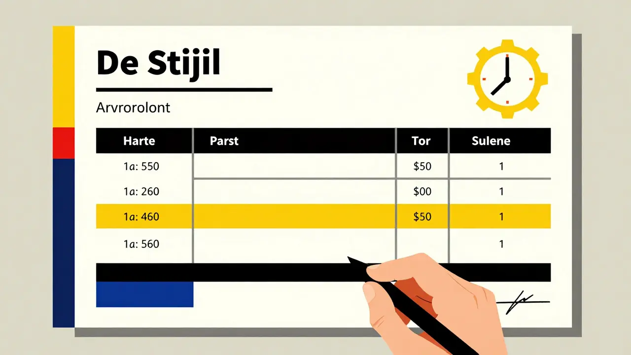 Illustrazione stilizzata De Stijl di documenti e fatture per la garanzia automobilistica