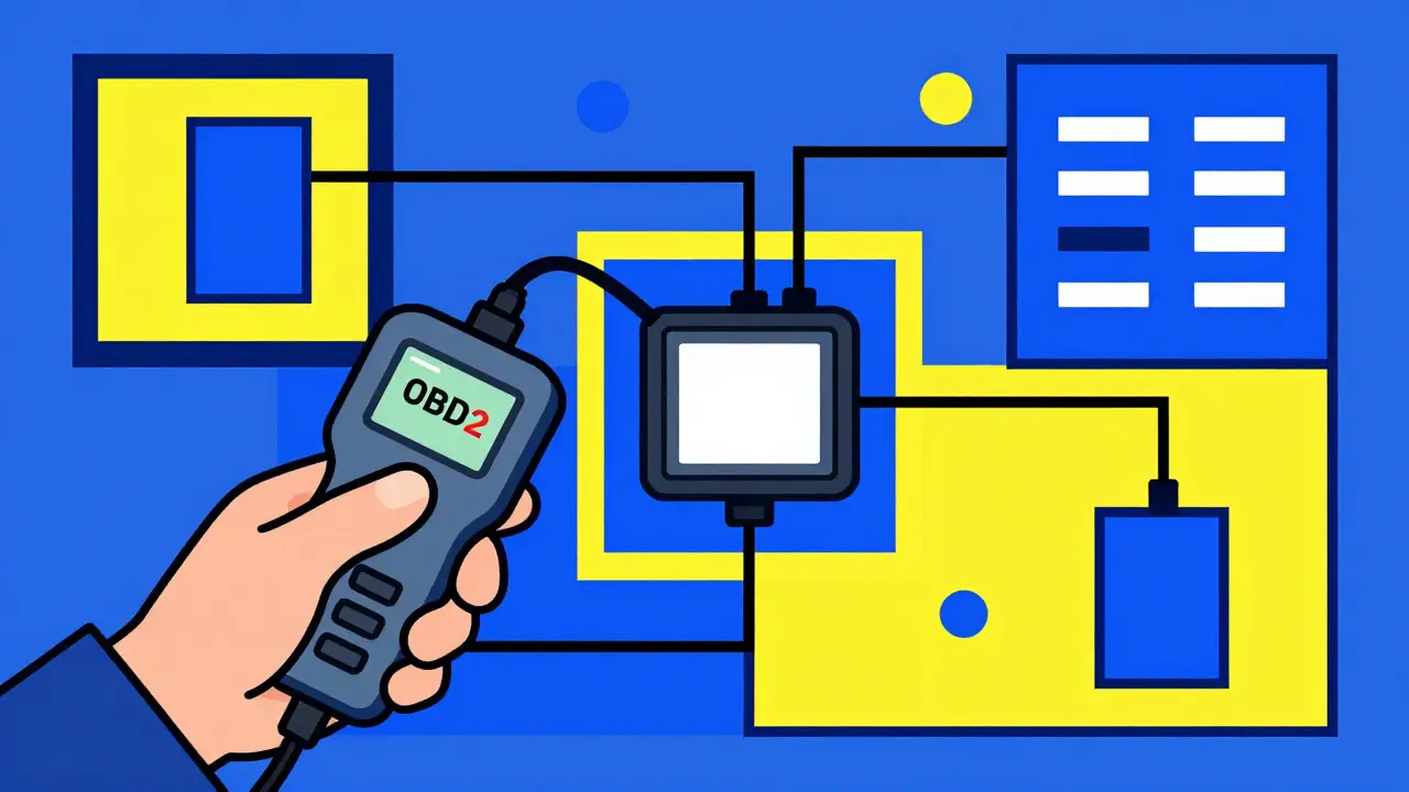 Processo diagnostico OBD2 rappresentato con forme geometriche
