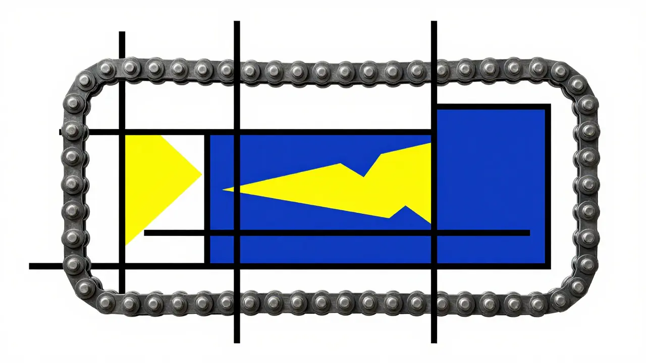 Rappresentazione stilizzata De Stijl di una catena di distribuzione e ingranaggi