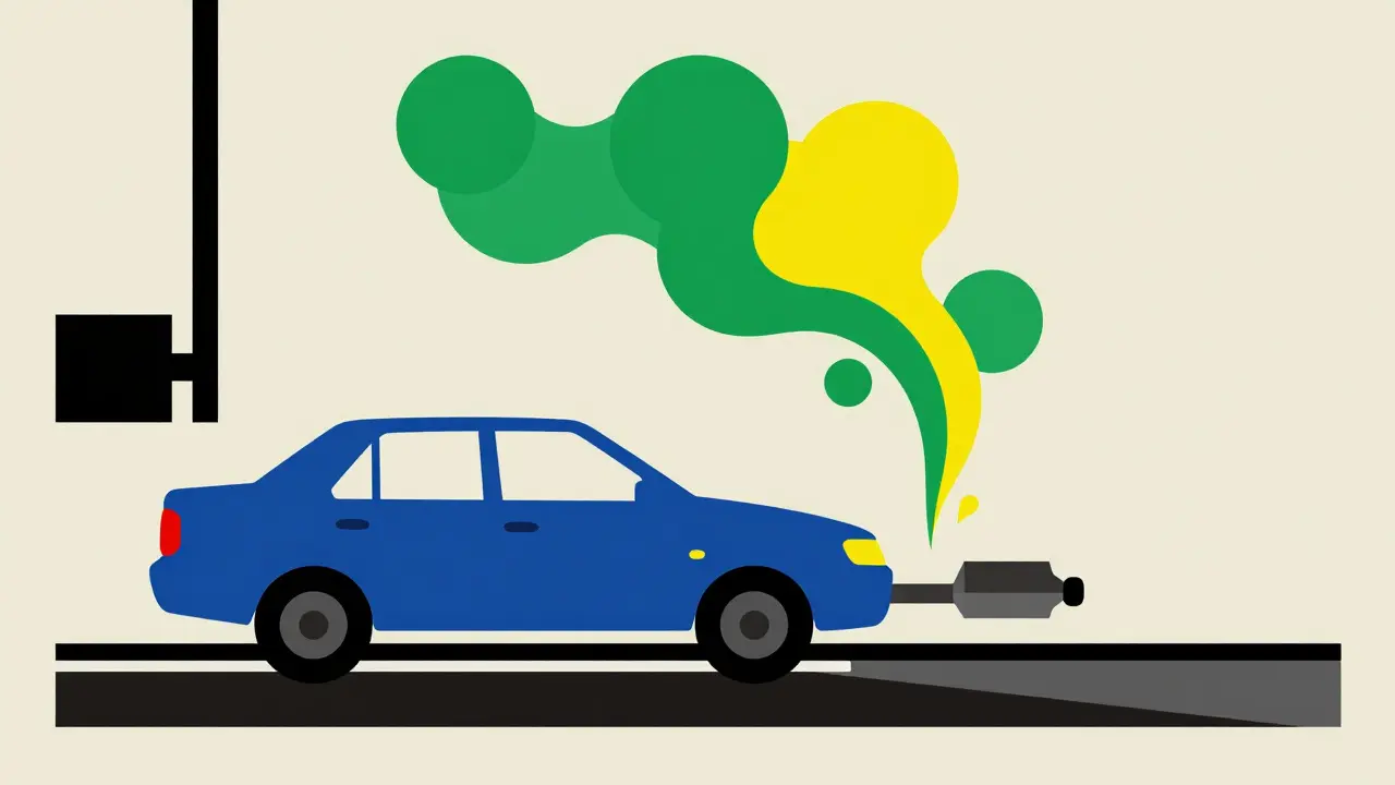 Auto stilizzata che emette odore di zolfo, stile De Stijl con colori primari e linee nette