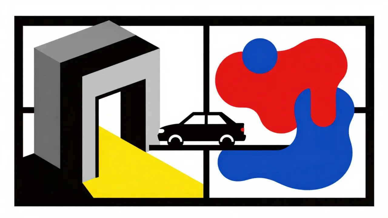 Composizione astratta De Stijl che mostra barriere aziendali e percorsi aperti