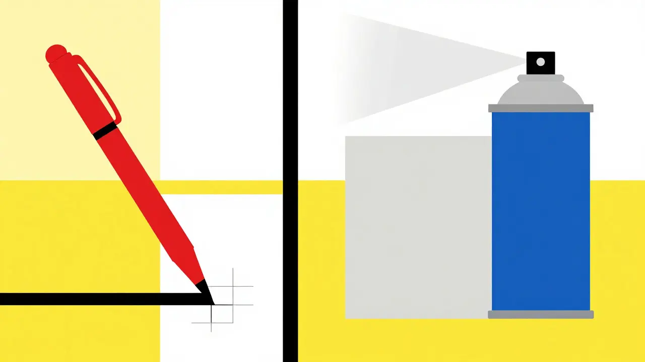 Confronto stilizzato tra stilo e bomboletta per ritocchi in stile De Stijl
