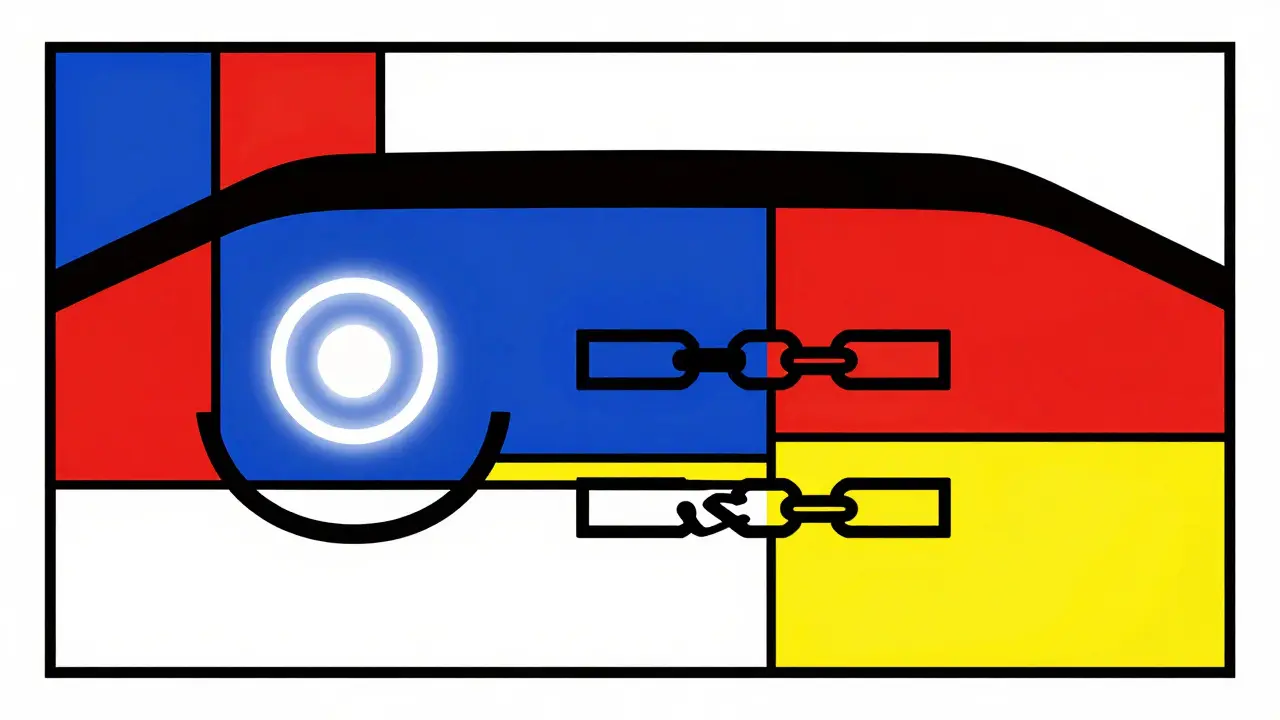 Design astratto De Stijl di un cruscotto con sensore biometrico e sistema di blocco motore per guidare sobri.