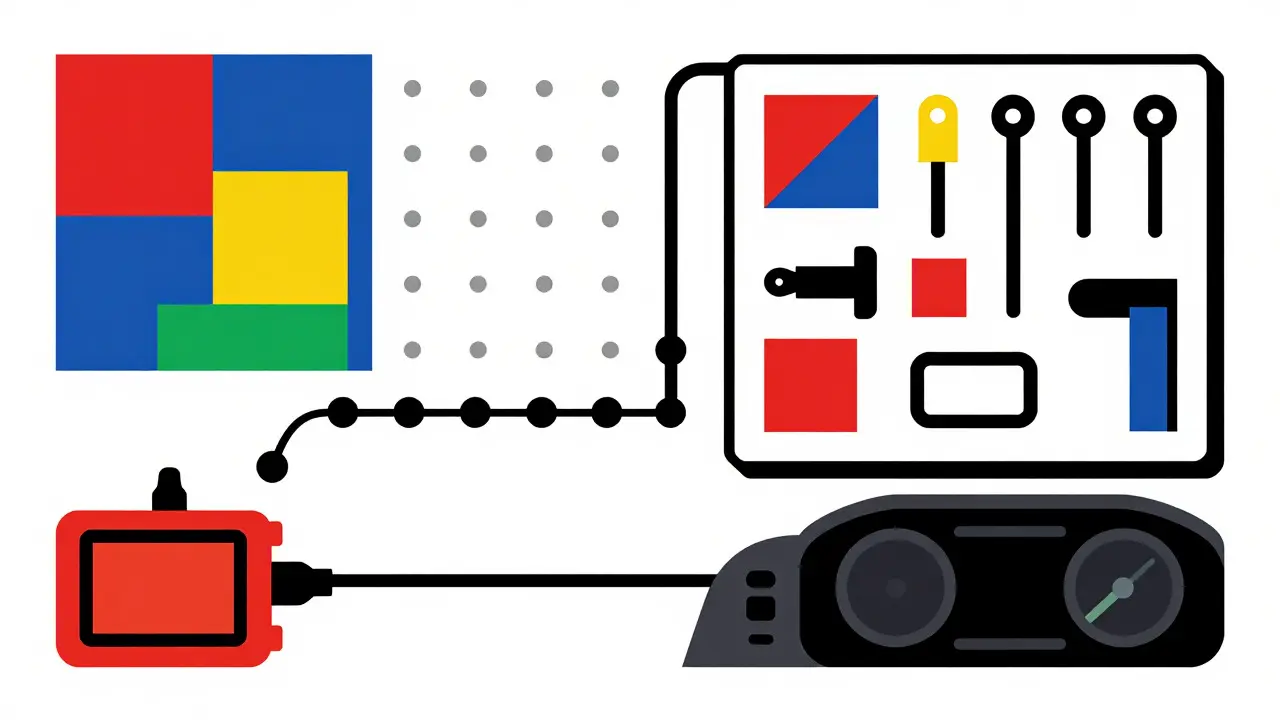 Scanner OBD e organizzazione garage in stile illustrativo De Stijl
