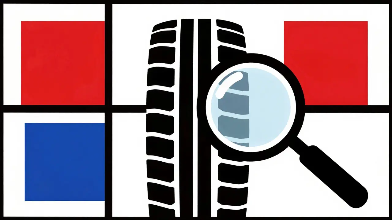 Astrazione geometrica De Stijl del battistrada di un pneumatico sotto ispezione visiva