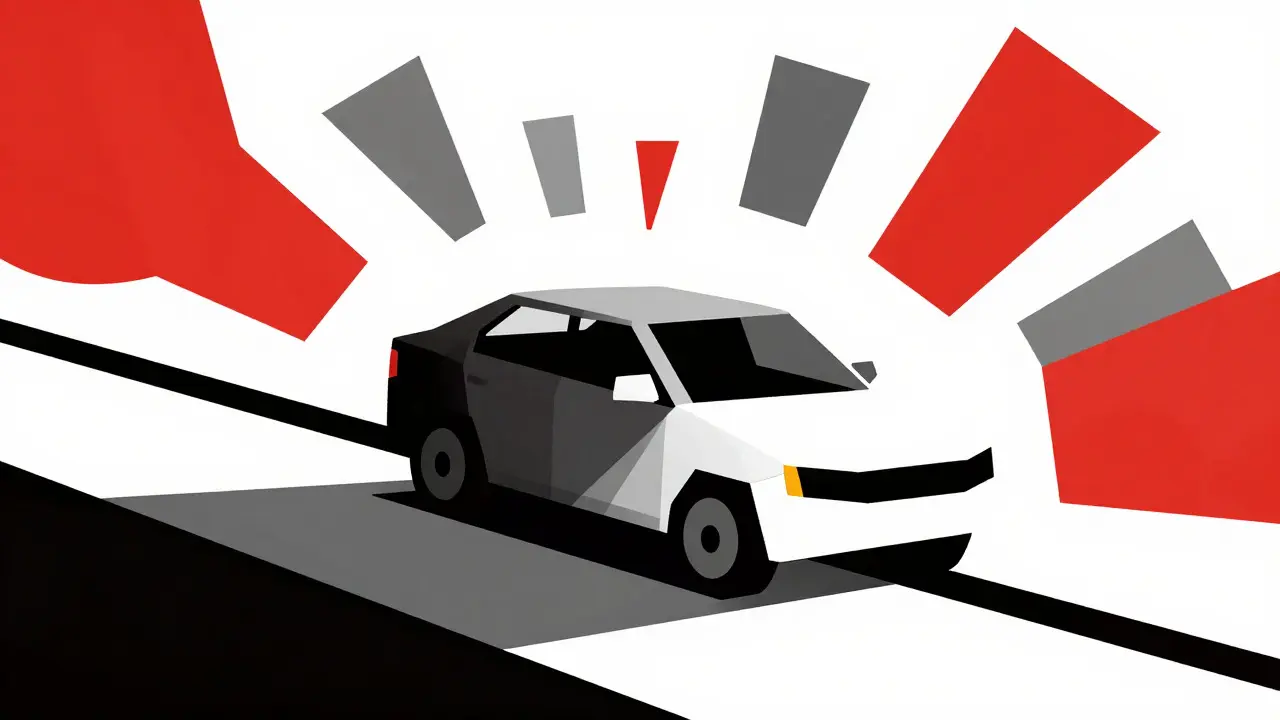 Auto astratta su una strada geometrica con forme fluttuanti che simboleggiano i rischi della dimenticanza.