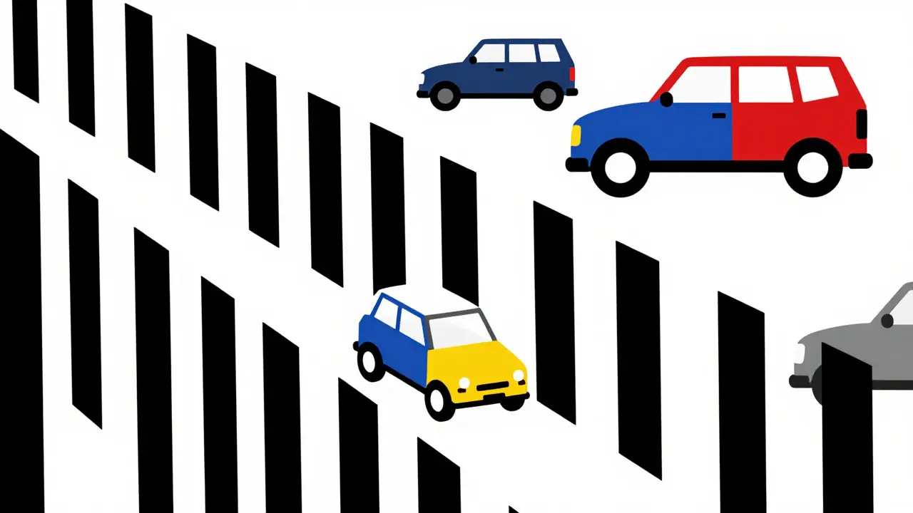 Auto compatte in città vs SUV spaziosi in provincia, stile De Stijl