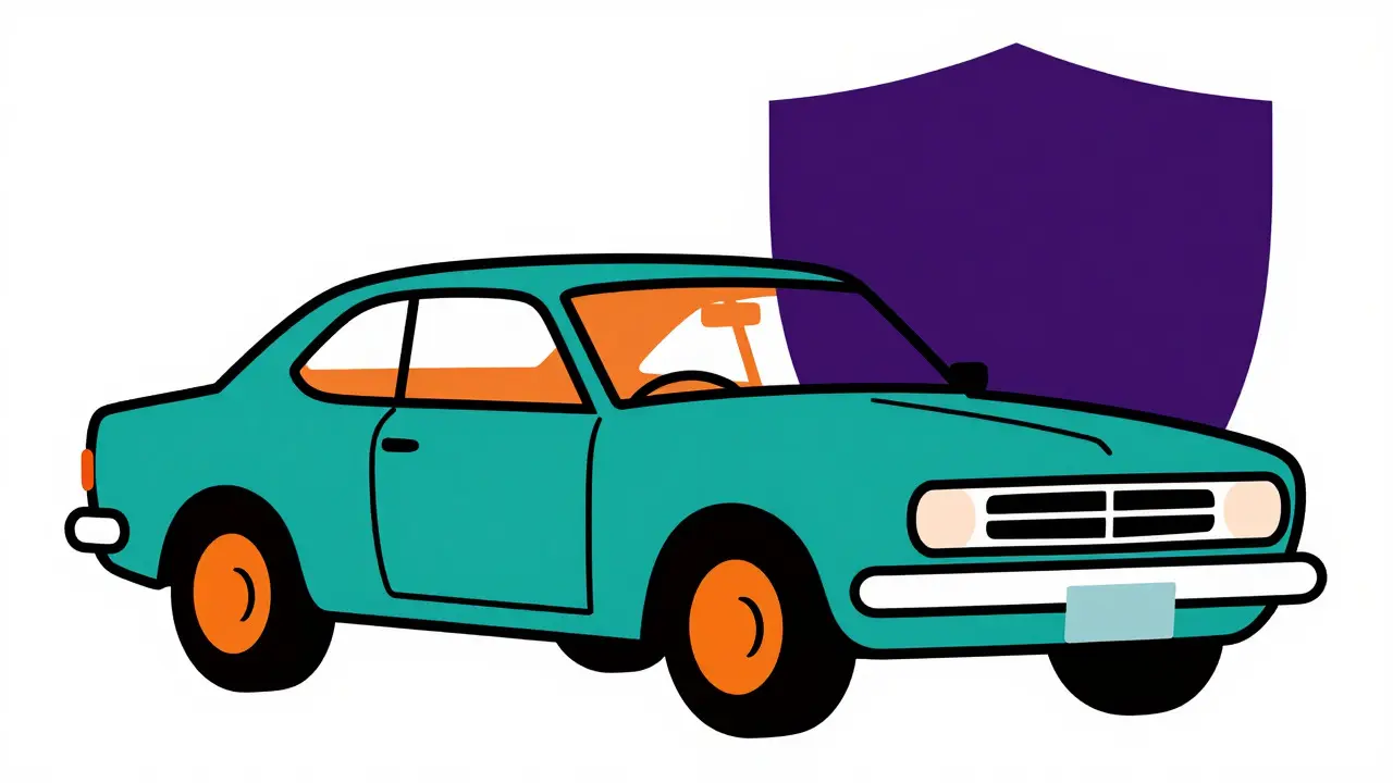 Auto d'epoca stilizzata e scudo protettivo in illustrazione geometrica De Stijl