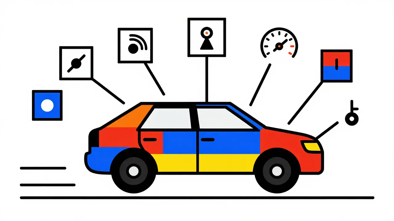 Auto stilizzata e dati telematici in forme geometriche primarie