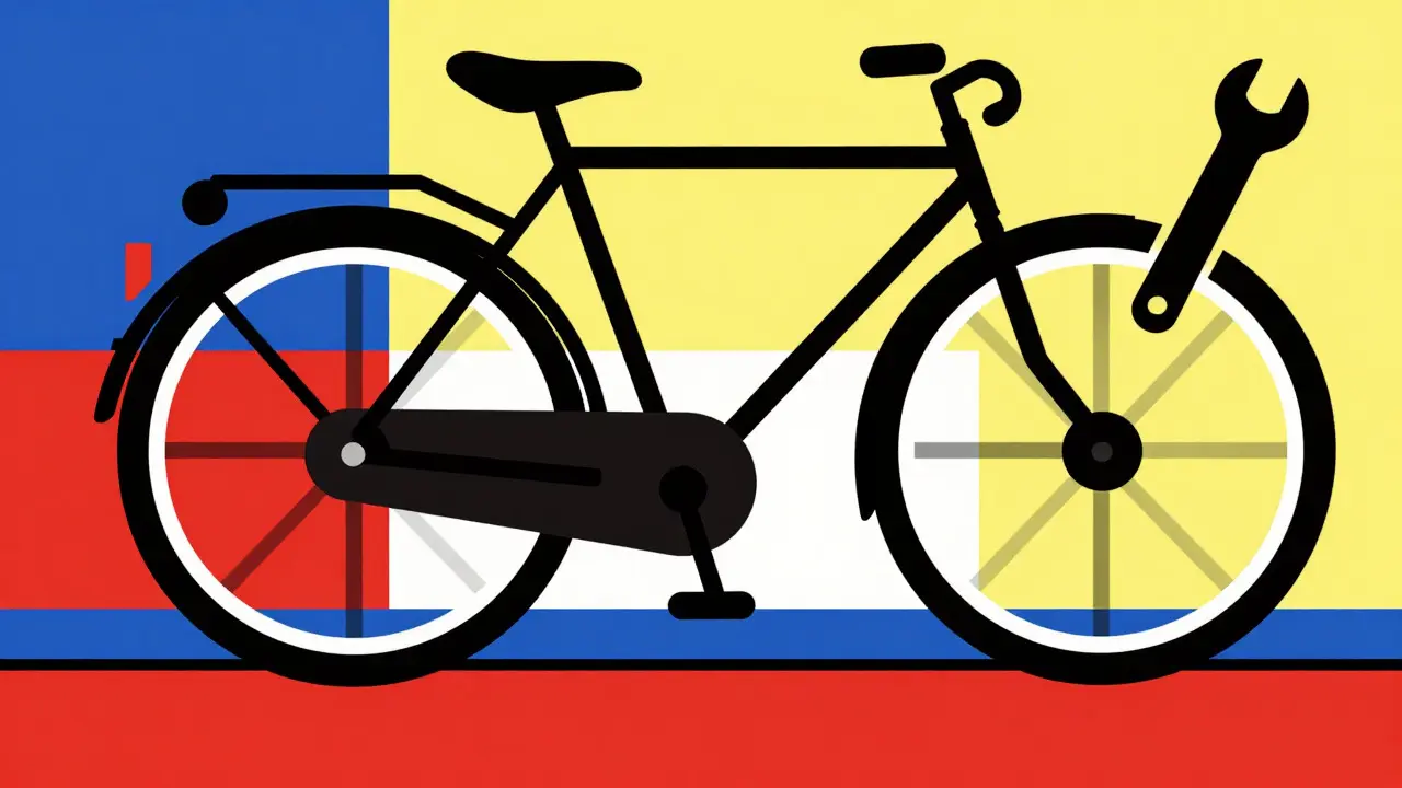 Composizione geometrica De Stijl con lucchetto e chiave per manutenzione scooter