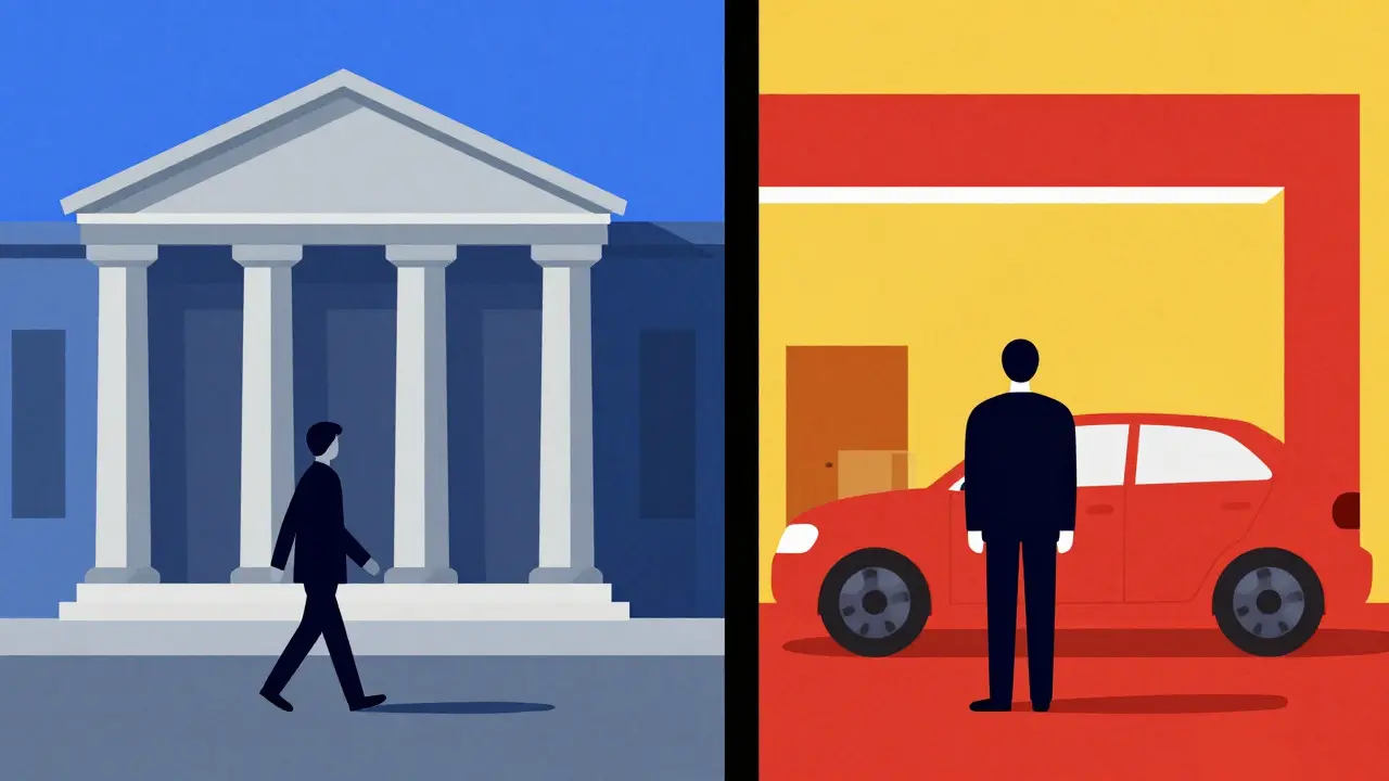 Confronto stilizzato tra finanziamento bancario e offerta in concessionaria
