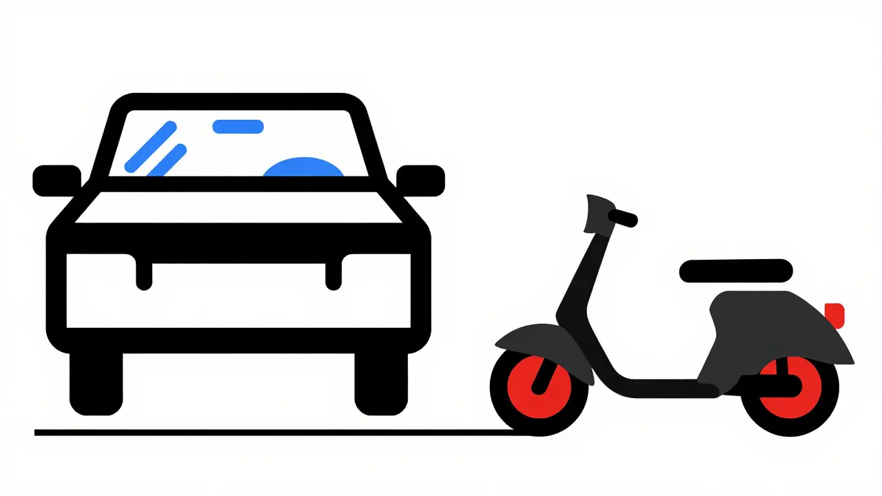 Confronto stilizzato tra la stabilità di un'auto e l'equilibrio di uno scooter durante la frenata