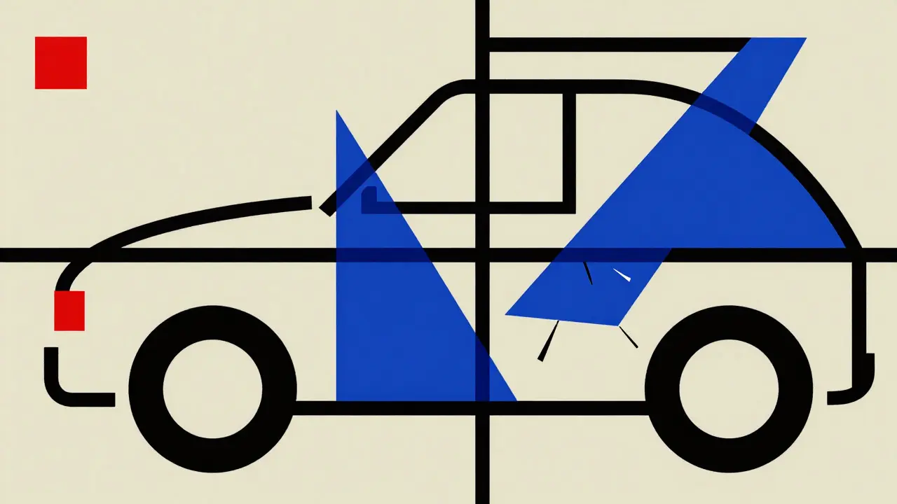 Grafica astratta De Stijl che confronta usura normale e danni all'auto