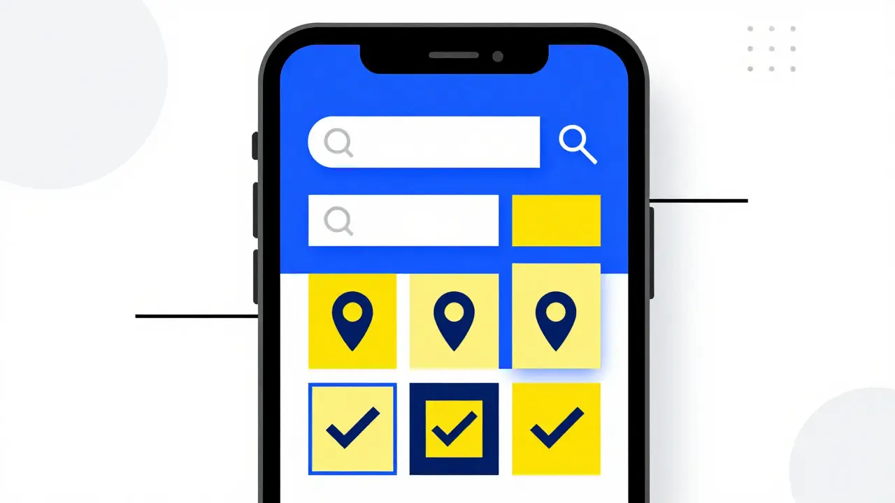 Illustrazione astratta di uno smartphone con blocchi colorati che rappresentano la prenotazione online della revisione