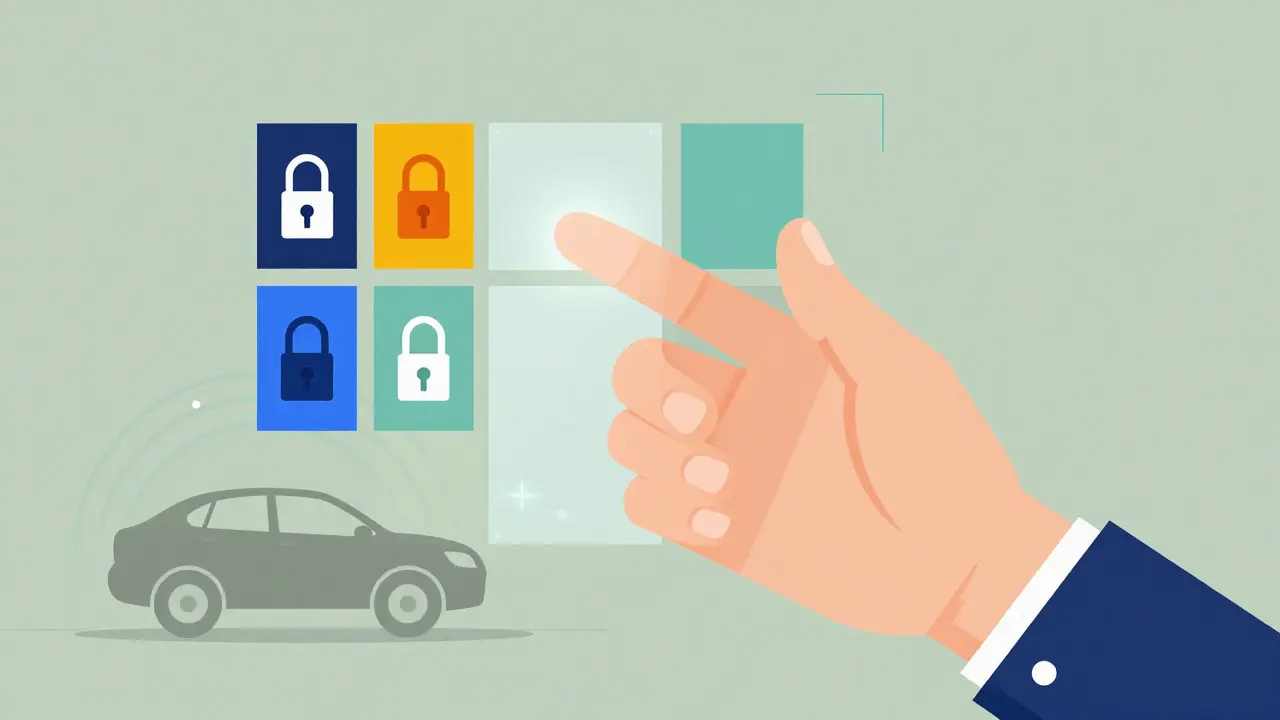 Mano stilizzata che controlla pannelli di dati digitali relativi alla privacy dell'auto