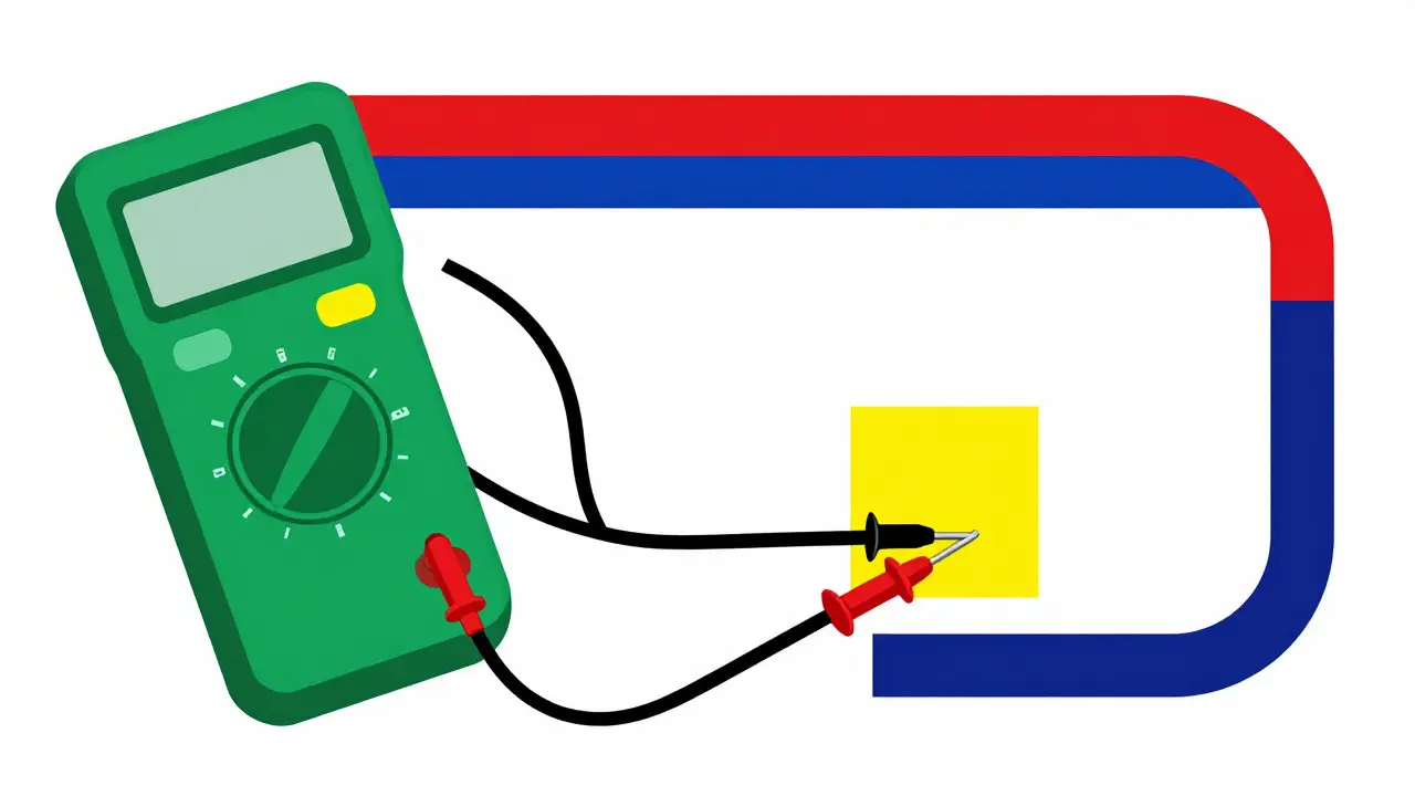 Rappresentazione grafica De Stijl di un multimetro che diagnostica un guasto ai cavi dell'auto