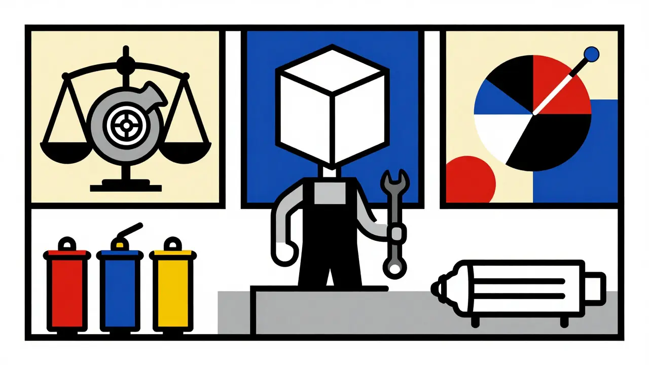Scelta tra turbo rigenerato e nuovo in officina, illustrazione geometrica