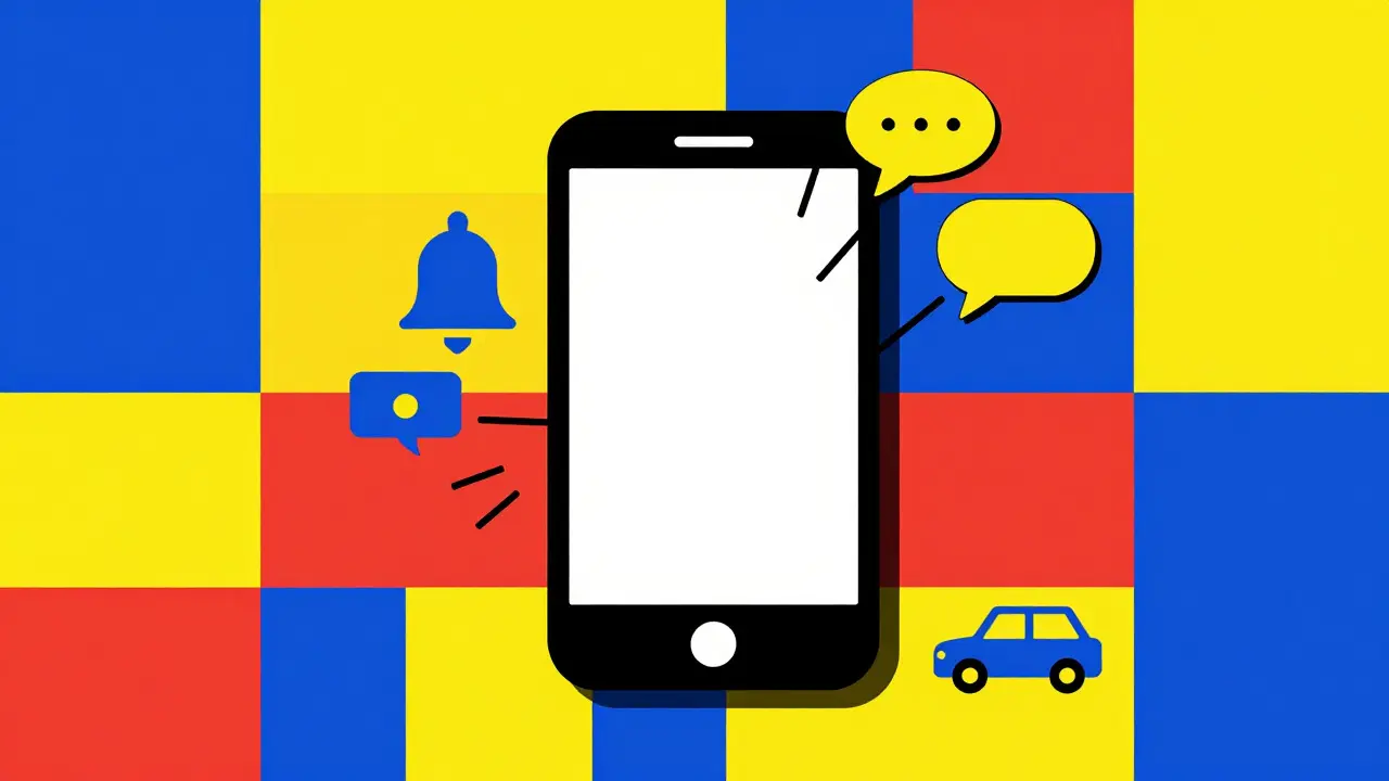 Smartphone stilizzato che invia notifiche a un'auto, rappresentando i promemoria digitali per la manutenzione.