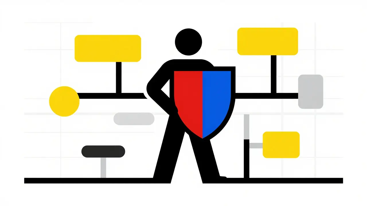 Stile De Stijl: figura astratta con scudi assicurativi colorati