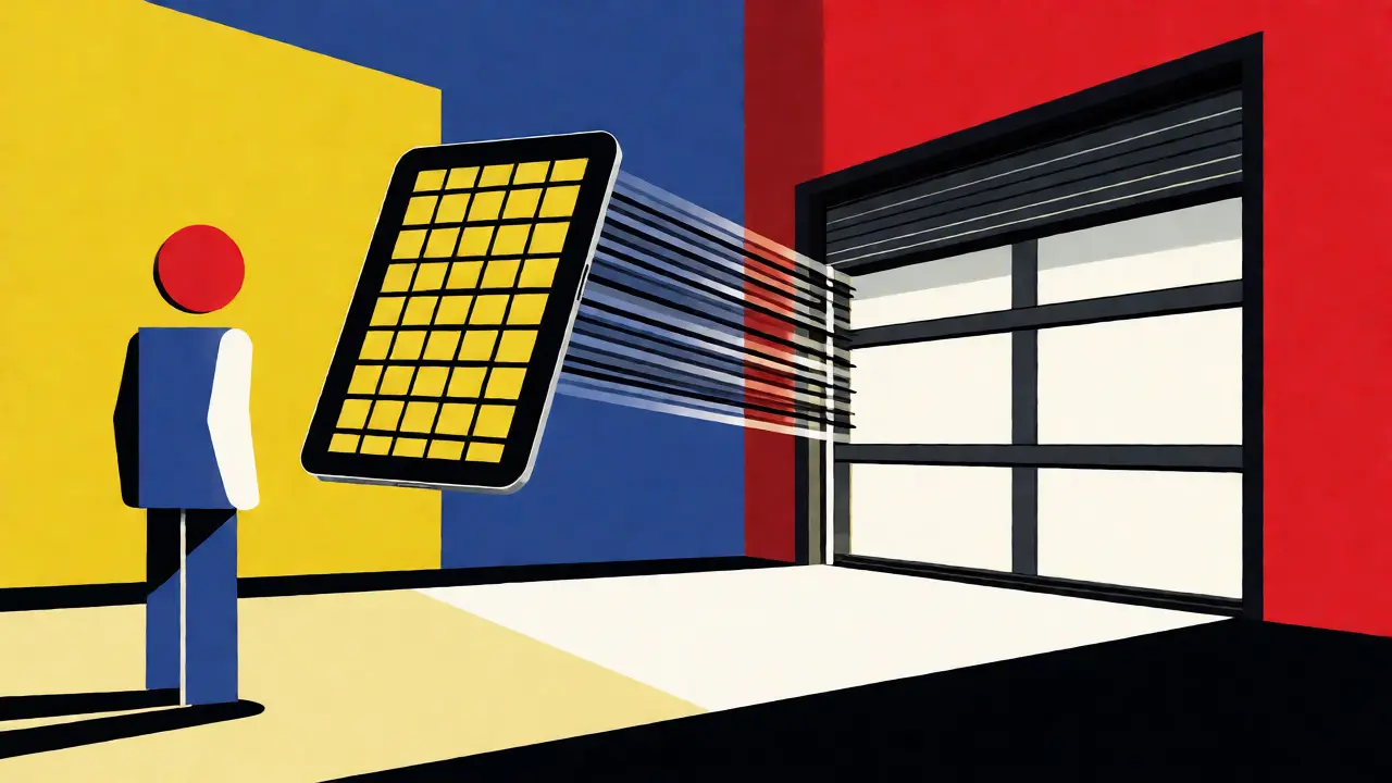 Arte De Stijl che mostra l'attivazione digitale di una polizza tramite forme astratte.