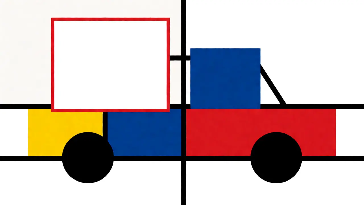 Composizione astratta De Stijl con auto e documenti assicurativi