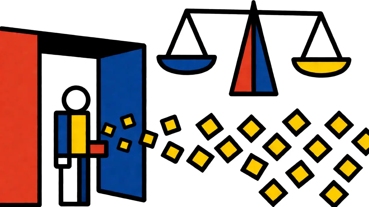 Composizione De Stijl con una figura stilizzata che riceve quadrati gialli da un cancello bancario sotto una bilancia.