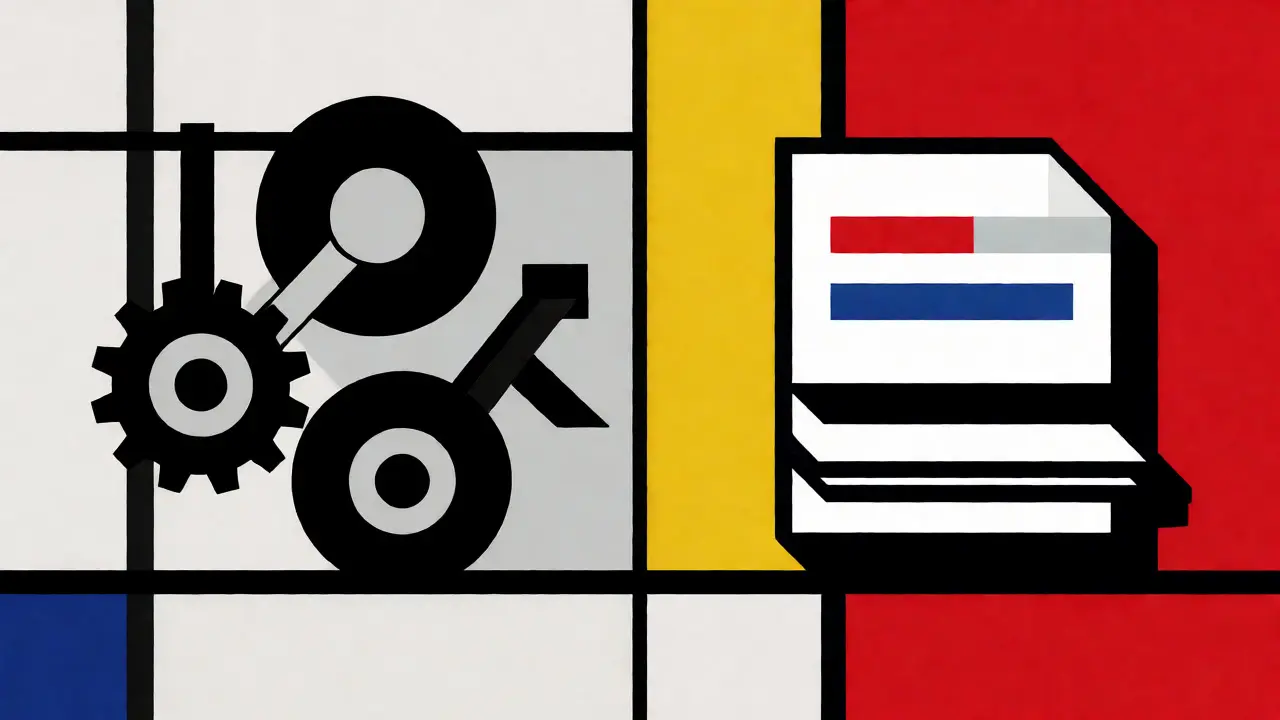 Confronto astratto tra ingranaggi meccanici e documenti legali in stile De Stijl