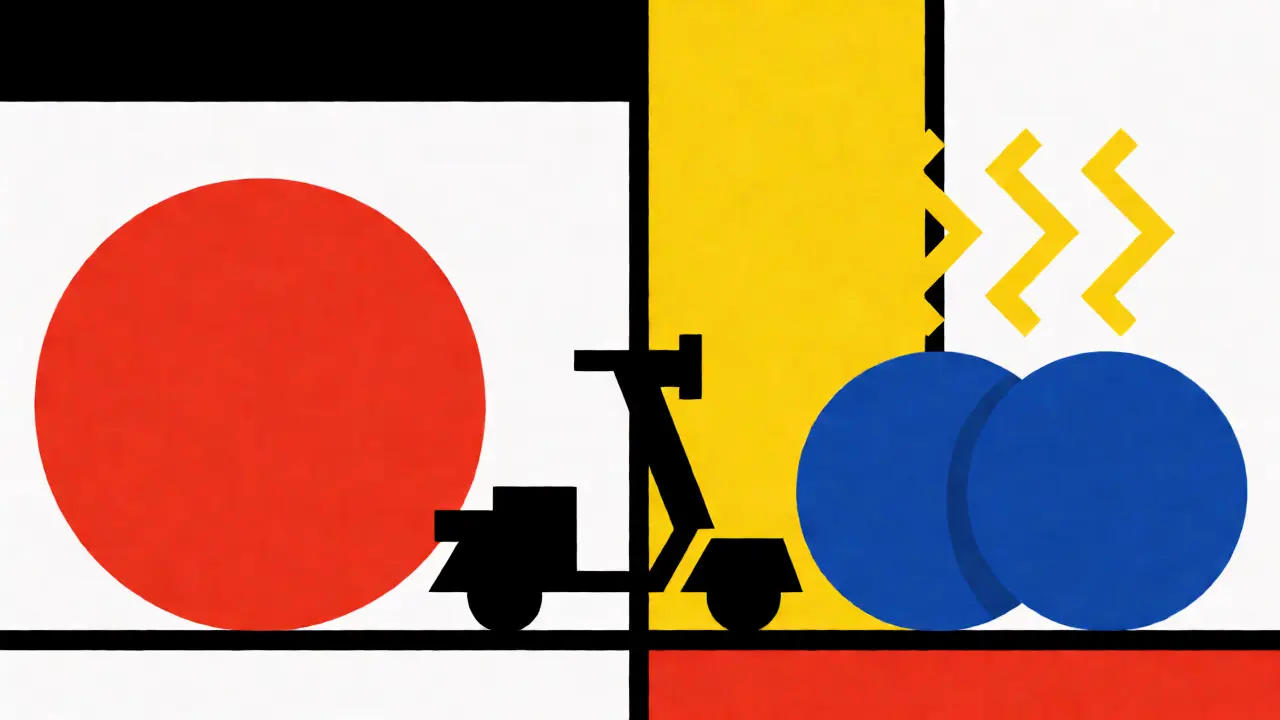 Confronto grafico tra freni a disco singolo e doppio in stile De Stijl