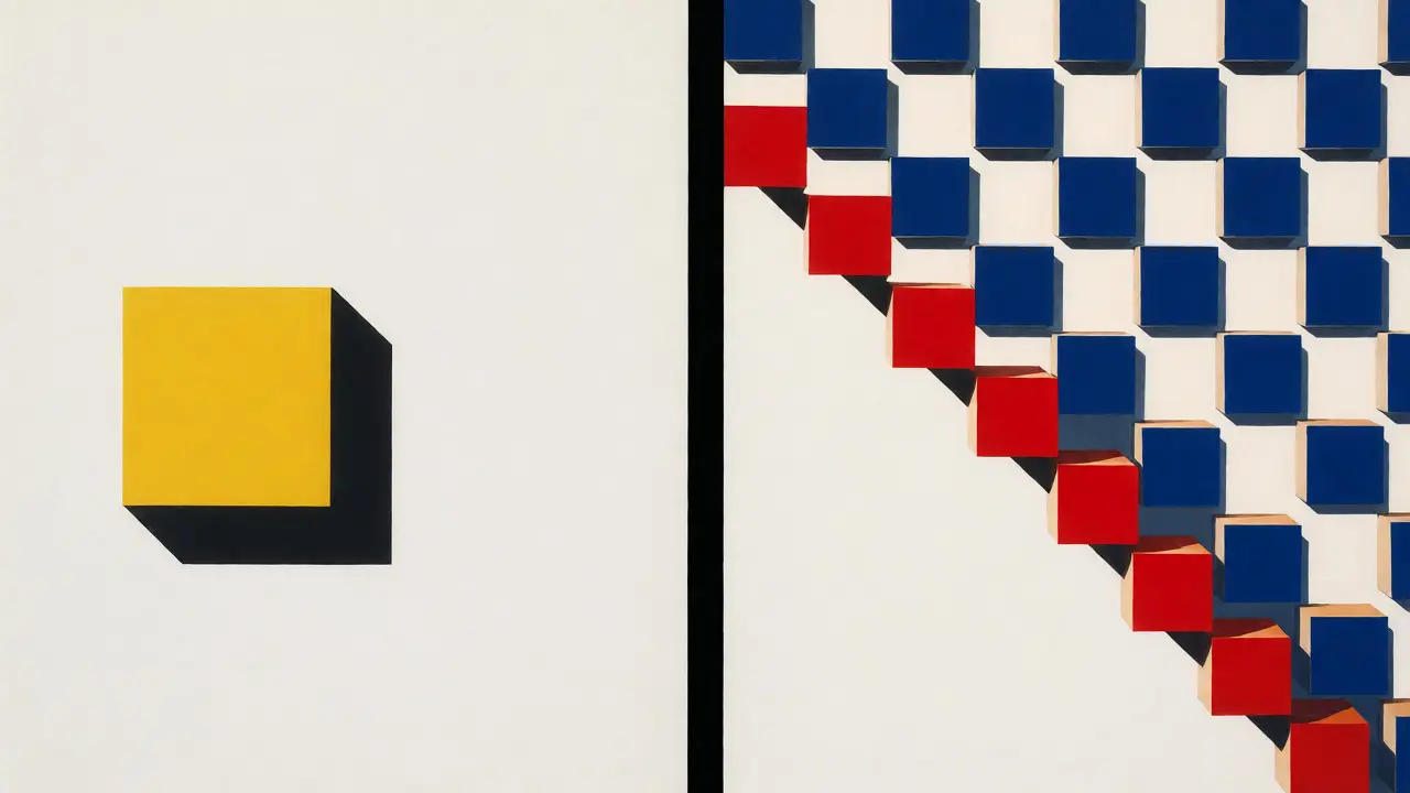 Confronto visivo De Stijl tra pagamento unico e rate mensili tramite forme geometriche colorate