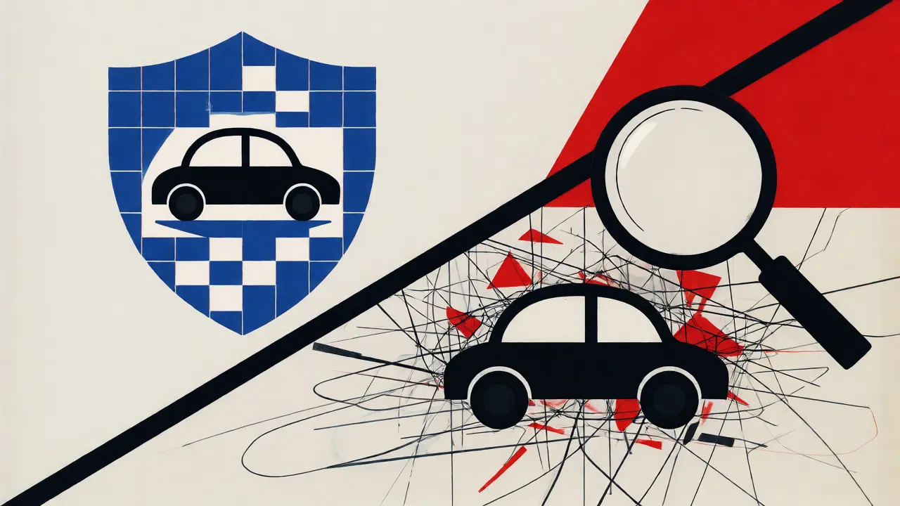 Confronto visivo De Stijl tra sicurezza assicurativa verificata e rischi di truffa.