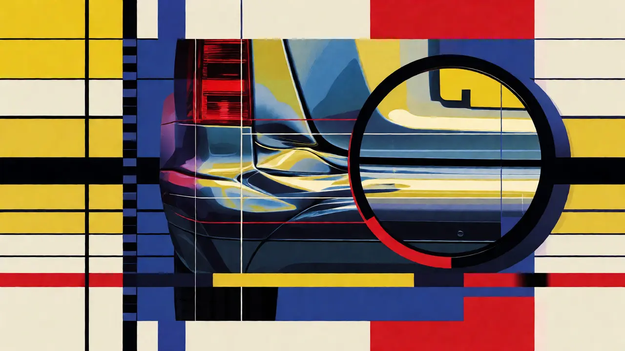 Dettaglio grafico di un danno automobilistico in stile De Stijl con linee geometriche e colori primari.