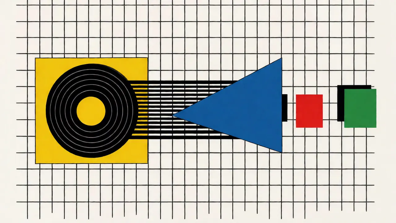 Diagramma astratto stile De Stijl dei componenti interni di un relè