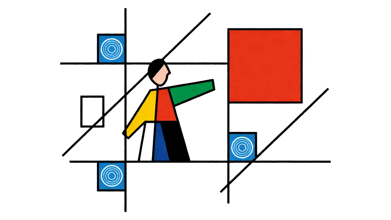 Figura astratta in stile De Stijl che interagisce con simboli medici e quadrati di compensazione.