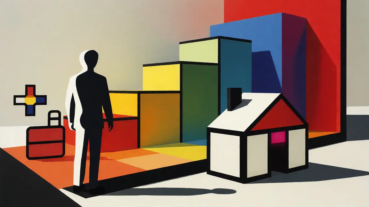 Figura umana stilizzata accanto a una casa in stile De Stijl, con gradini ascendenti che indicano la crescita delle coperture.