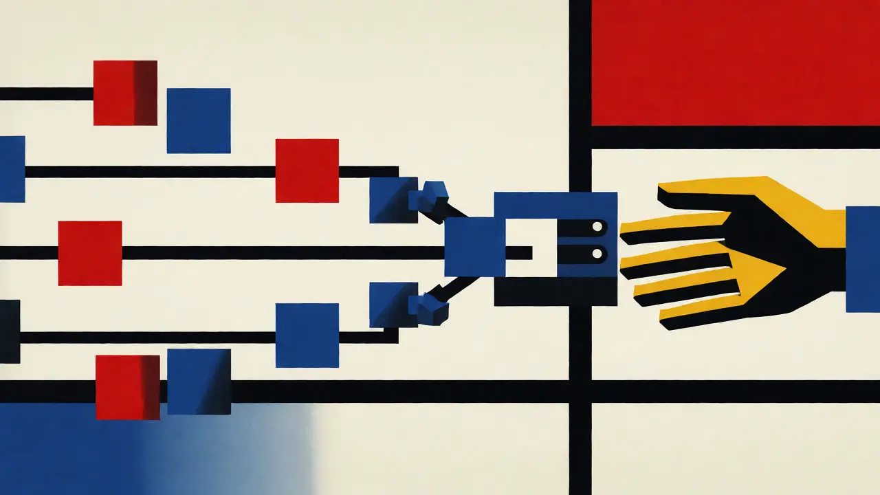 Flusso di dati e diritti dell'utente in stile artistico De Stijl.