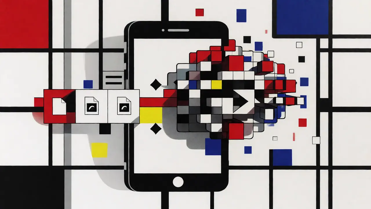 Rappresentazione astratta del caricamento digitale delle foto dell'incidente su uno smartphone in stile De Stijl.