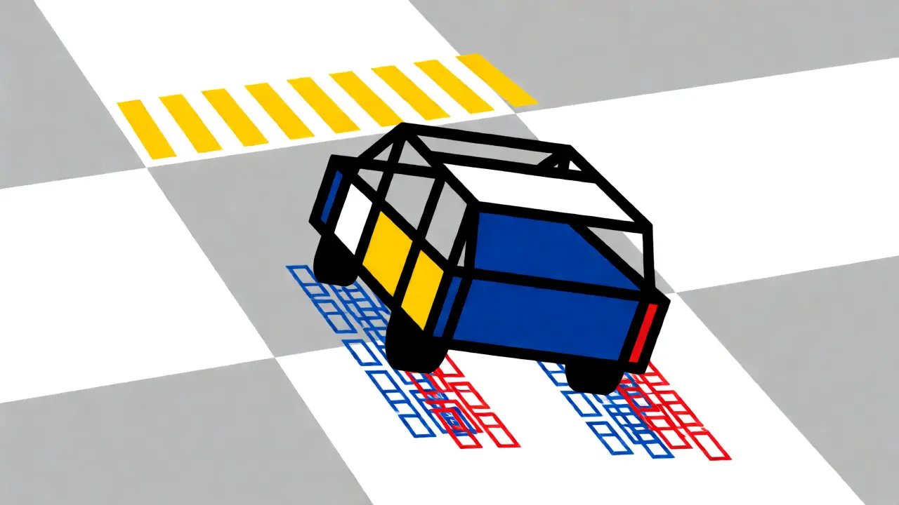 Rappresentazione astratta di un'auto in frenata con linee geometriche