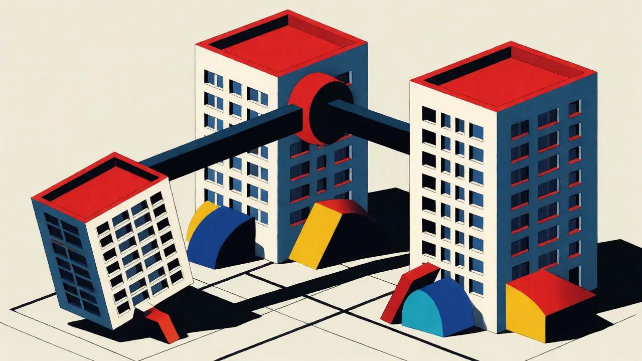 Rappresentazione De Stijl di compagnie assicurative grandi e piccole con strutture geometriche colorate.