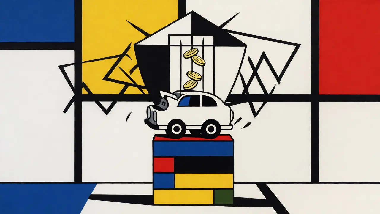 Salvadanaio a forma di auto protetto da scudi geometrici in stile De Stijl.