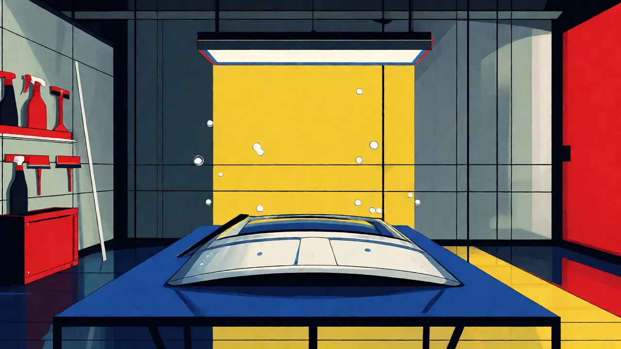 Workspace garage stilizzato con strumenti per la pulizia della vernice.