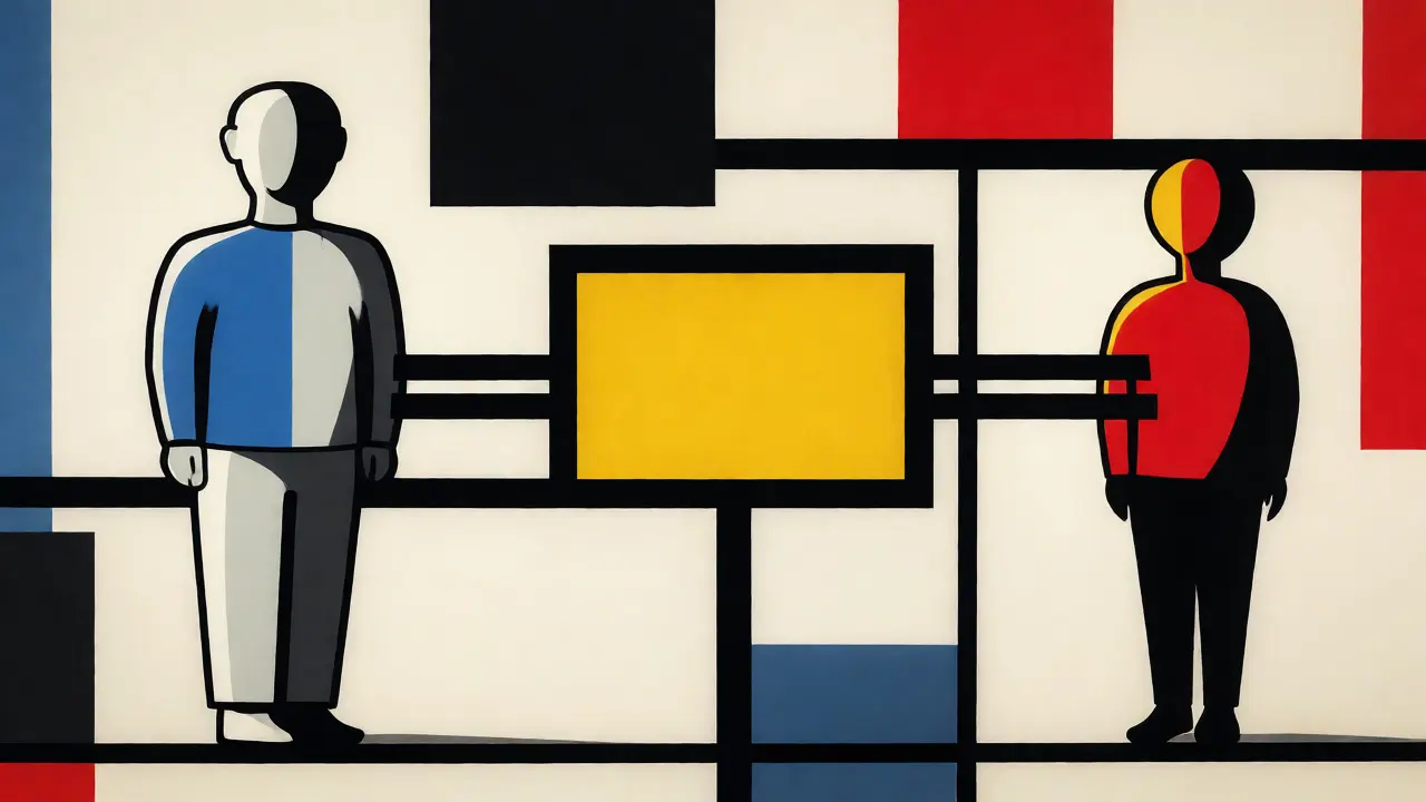 Arte astratta De Stijl che mostra il trasferimento della classe di merito tra genitore e figlio tramite linee e blocchi colorati.