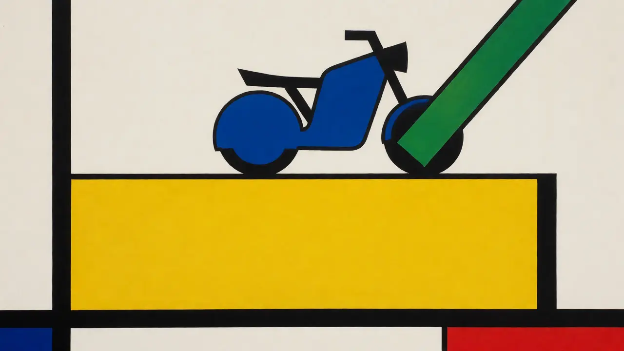Arte astratta De Stijl con forme geometriche primarie che simboleggiano l'acquisto sicuro dell'assicurazione.