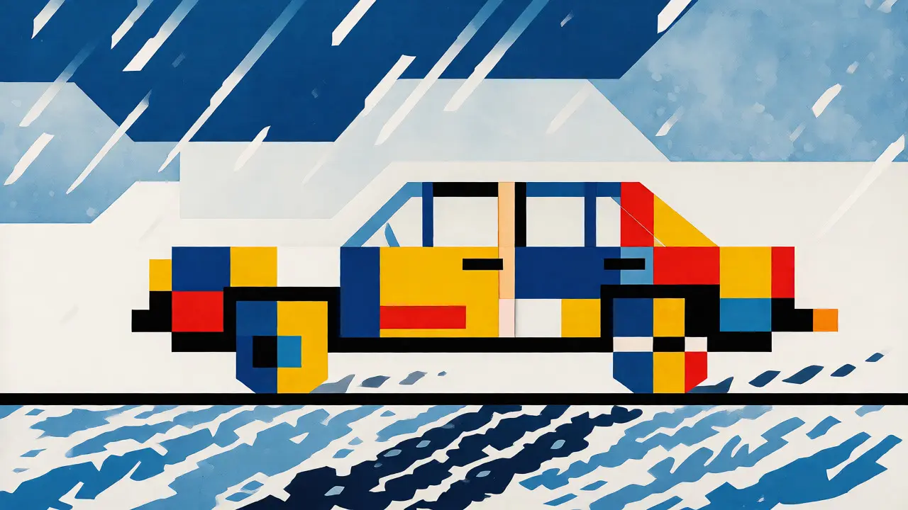 Auto stilizzata in stile De Stijl che guida sicura su strada ghiacciata