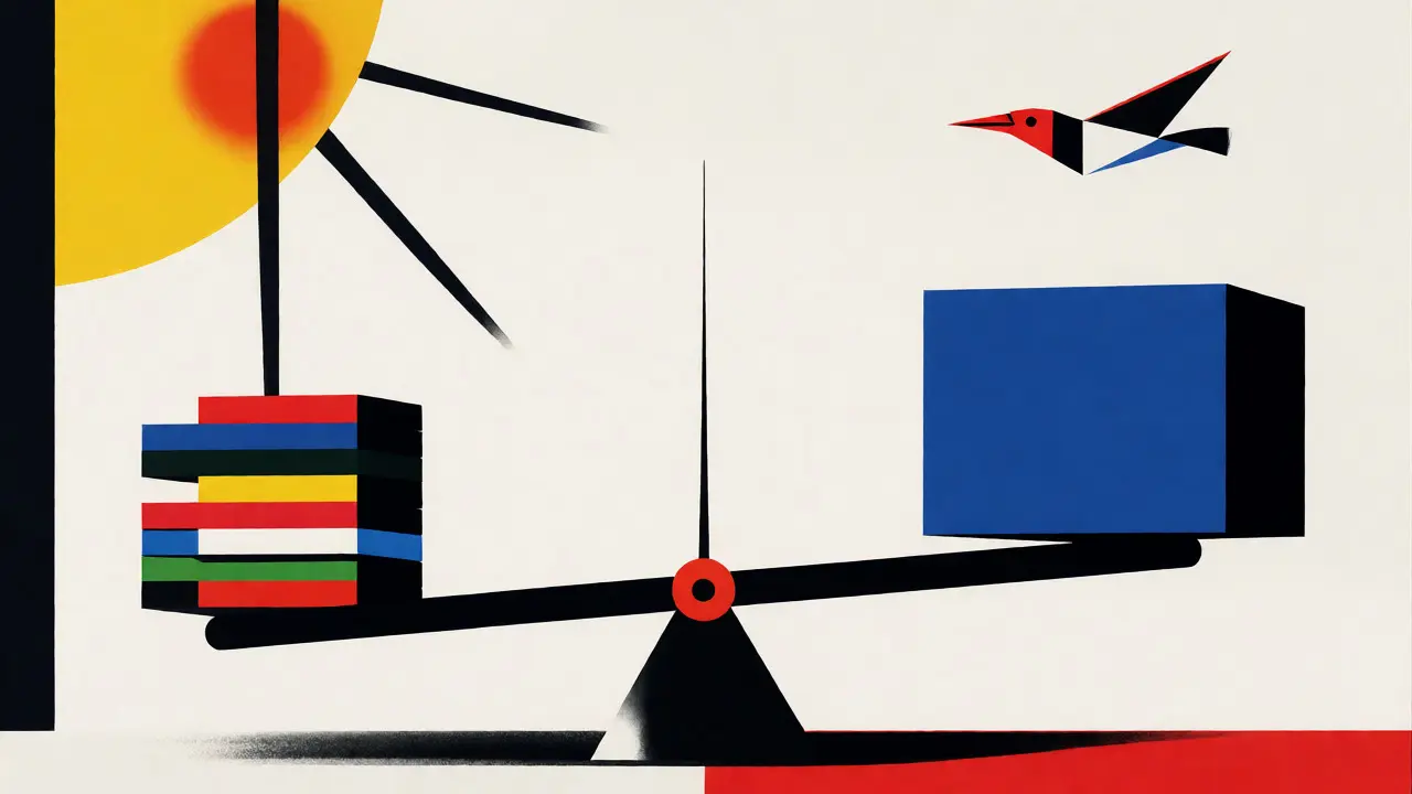 Bilancia astratta in stile De Stijl che bilancia blocchi colorati e blu, simboleggiando il rapporto tra costi e protezione.