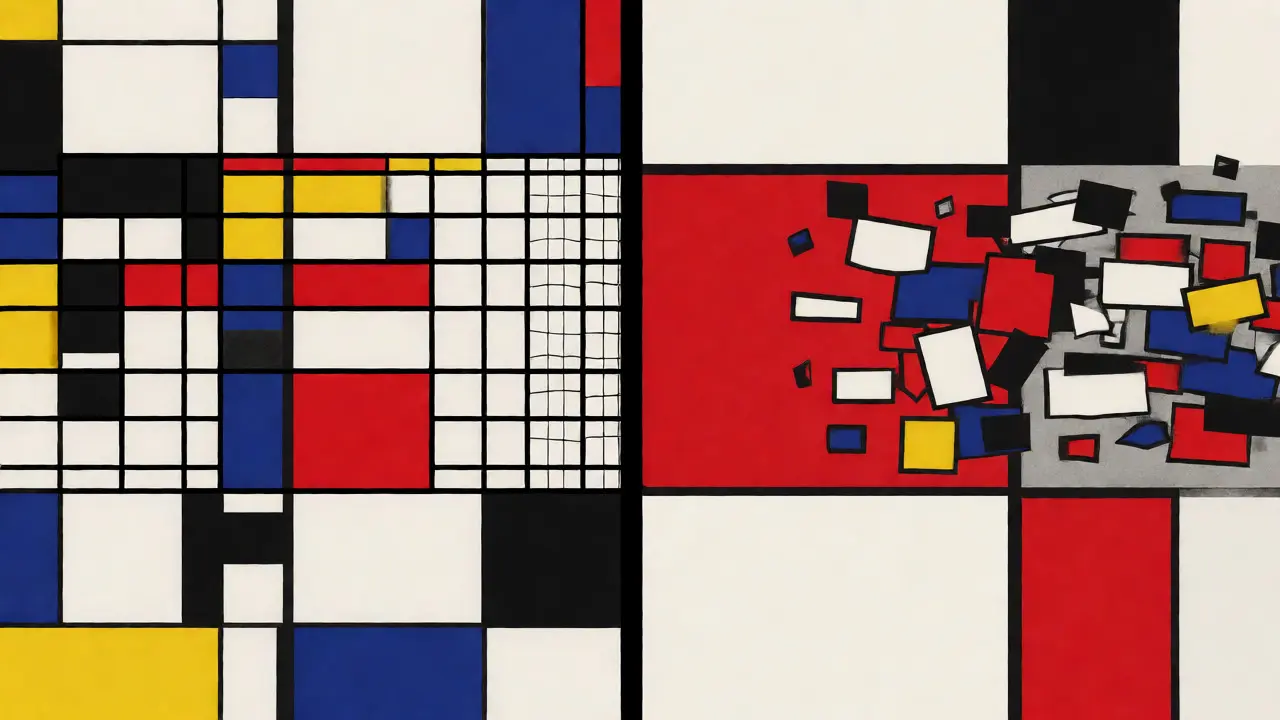 Composizione astratta De Stijl che separa registri ufficiali da truffe online