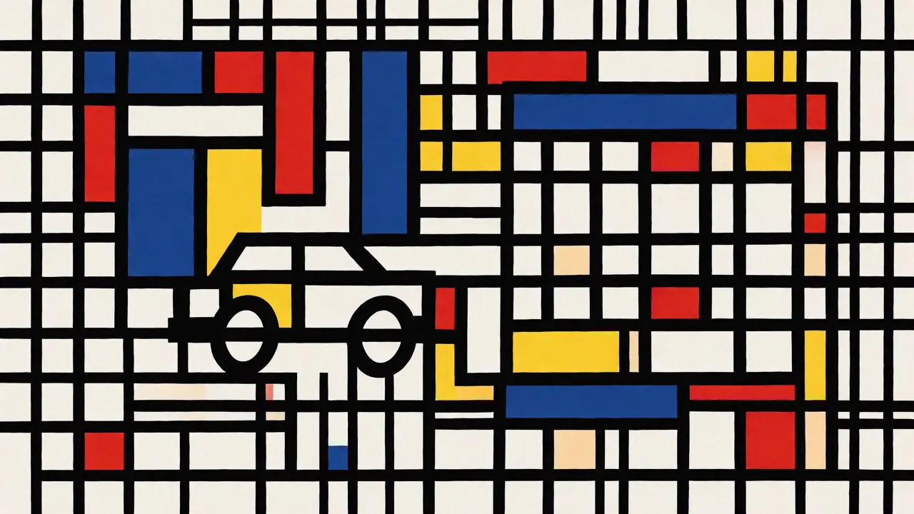 Composizione astratta De Stijl con auto stilizzata e blocchi di calendario online.