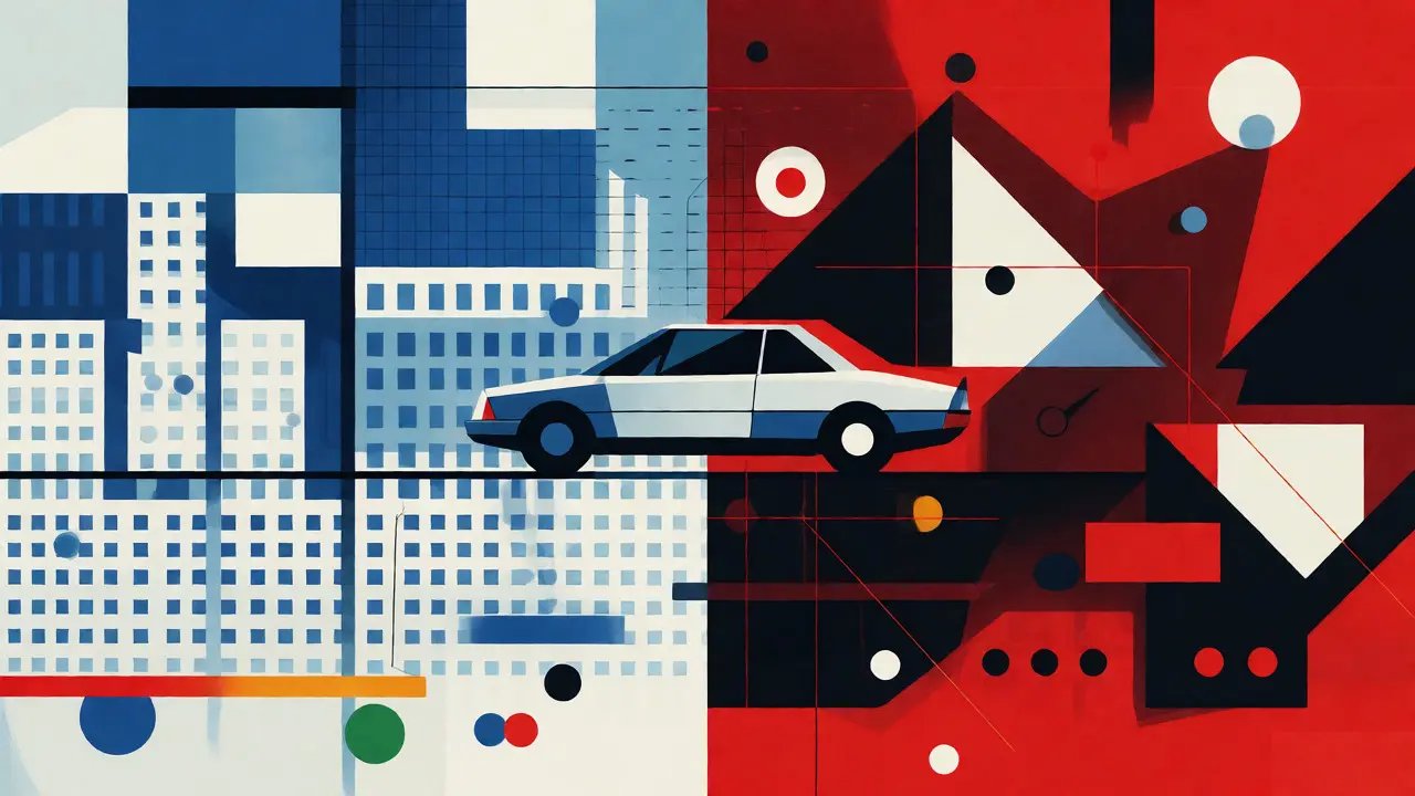 Composizione De Stijl che confronta visivamente i rischi assicurativi tra Nord e Sud Italia attraverso colori e forme geometriche.