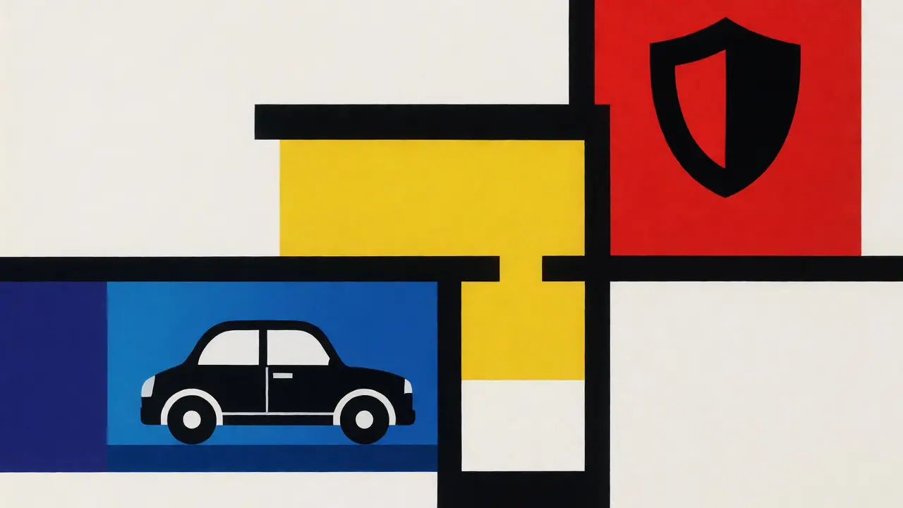 Composizione geometrica De Stijl che rappresenta la sicurezza antifulto e i risparmi assicurativi tramite blocchi colorati.